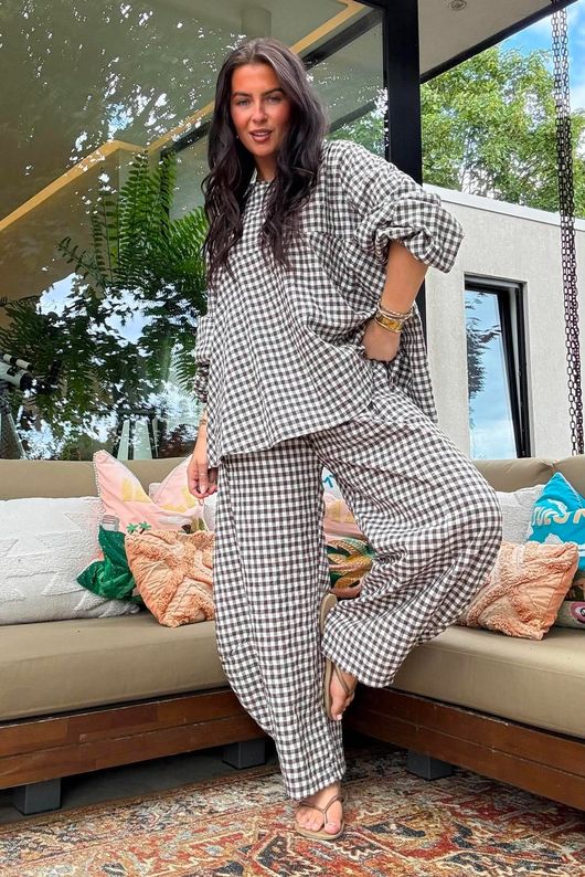 Nonni Gingham 7/8 Barrel Pant Chocolate